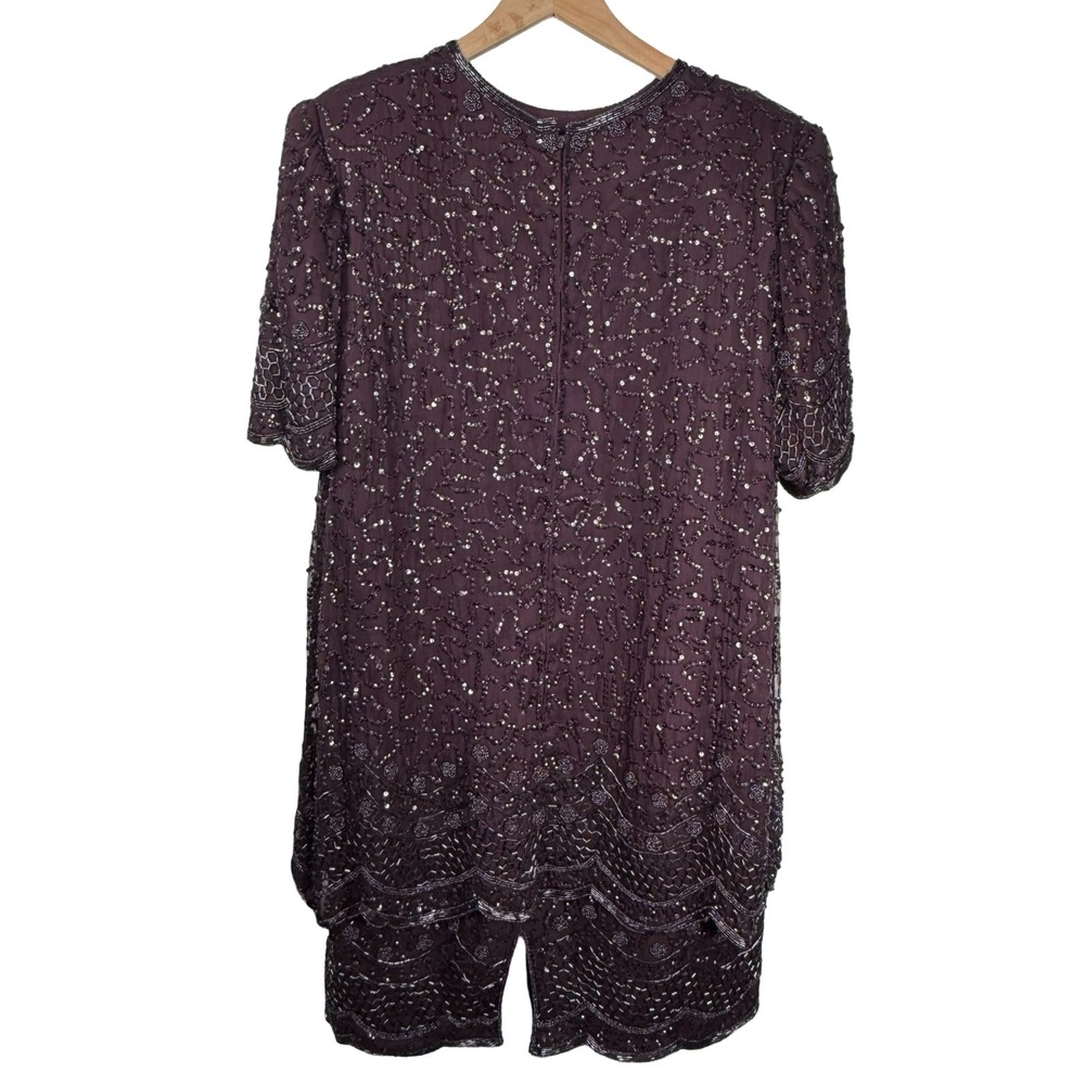 Brilliante by J.A. Beaded Silk Dress Plum Scalloped Hem Size L Vintage Style - Picture 4 of 10